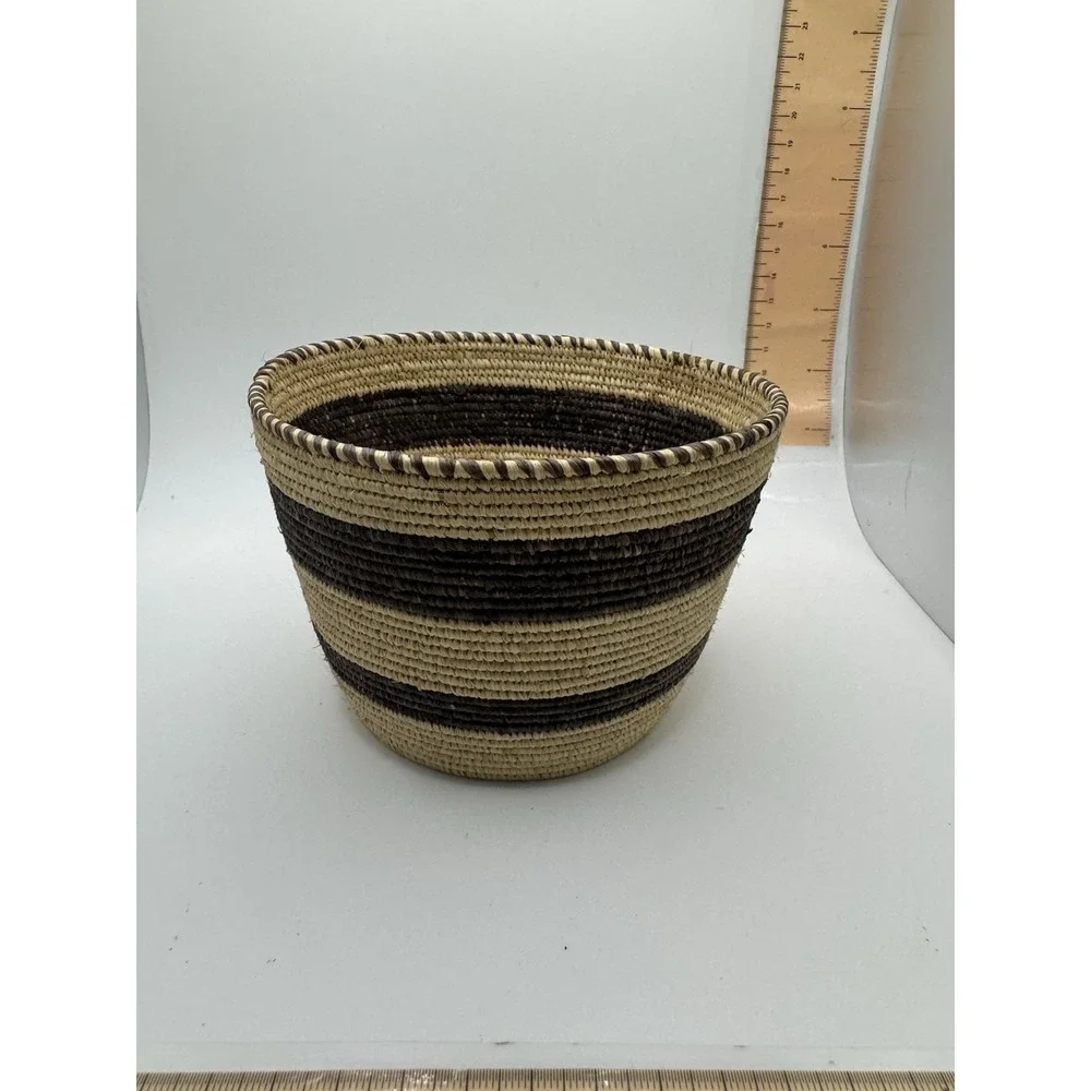 Handwoven Coiled Striped Basket Natural Fiber Boho Tribal Decor Brown Beige 7.5